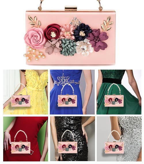 Вечерняя розовая сумочка с зеленым, красным, черным, синим платьем