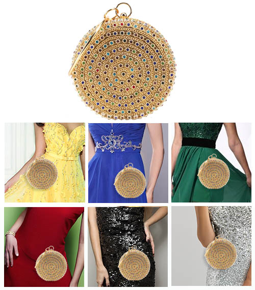 Вечерняя круглая сумочка с зеленым, красным, черным, синим платьем