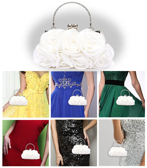 Вечерняя сумочка с розами как выглядит с зеленым, красным, черным, синим платьем